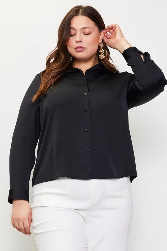 Satin Classic Button Down Blouse - Black