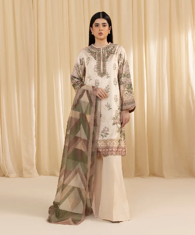 3 Piece -  Embroidered Satin Suit