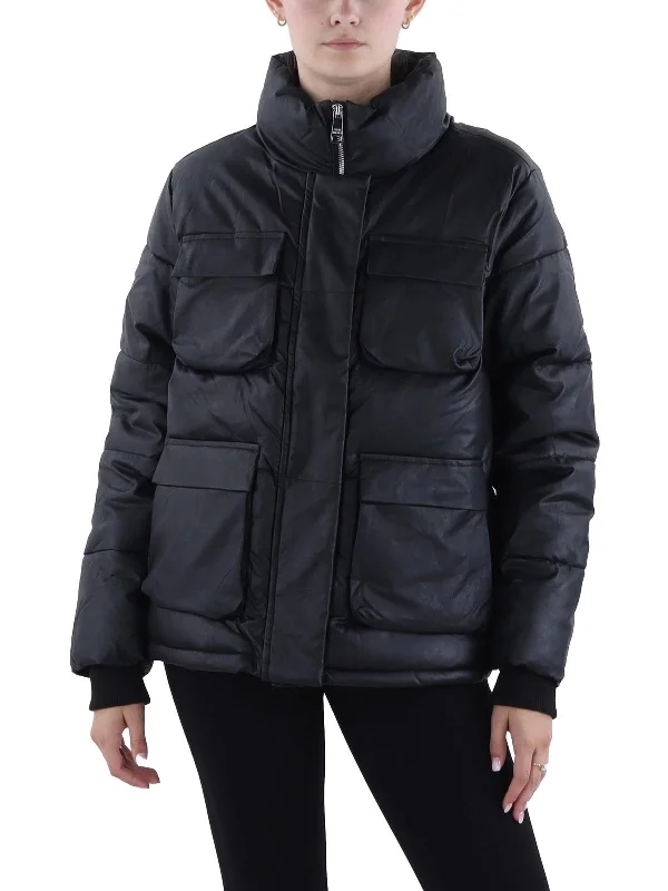 Womens Faux Leather Cold Weather Puffer Jacket