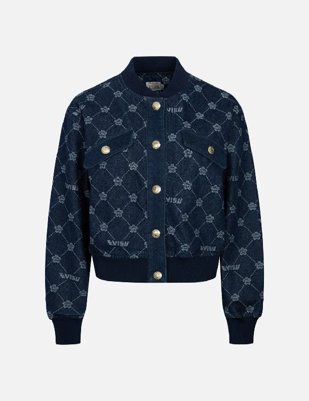 Allover Kamon and Logo Drop Shoulder Denim Bomber Jacket