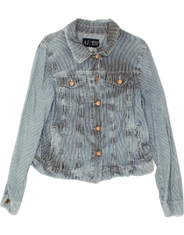 ARMANI JEANS Womens Crop Denim Jacket EU 44 Large Blue Pinstripe Cotton