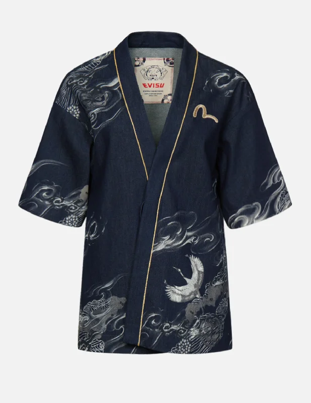 Crane and Cloud Pattern Laser-print Denim Kimono