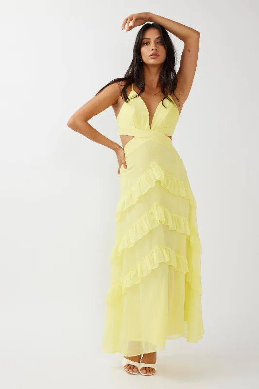 Joss Ruffle Trim Cut-Out Dress Yellow