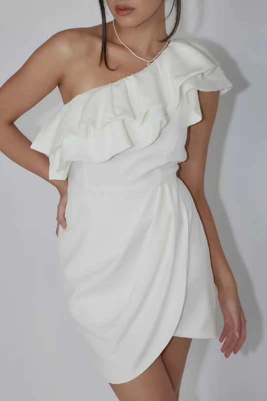 Midnight Star One-Shoulder Ruffle Mini Dress Off White