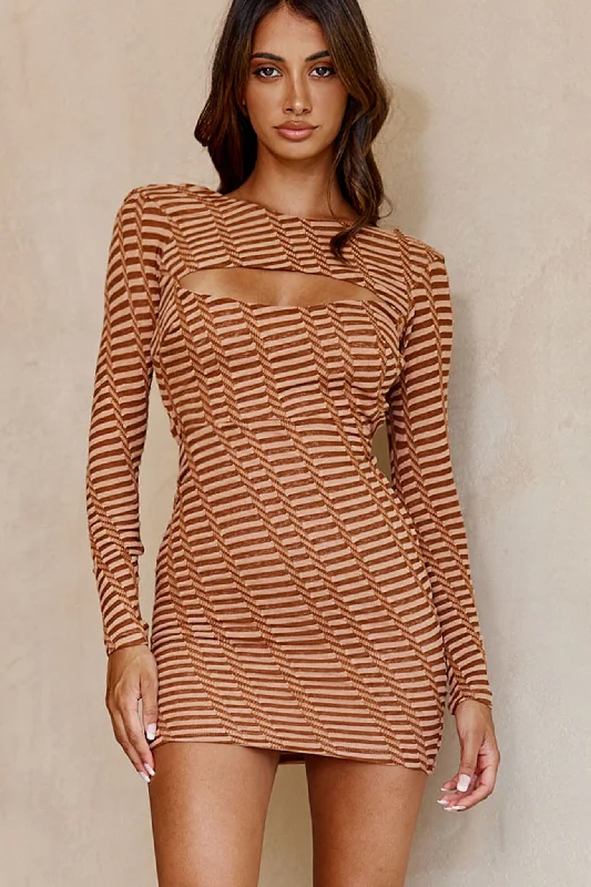 Rendezvous Long Sleeve Keyhole Bust Tied Back Dress Geometric Print Mocha