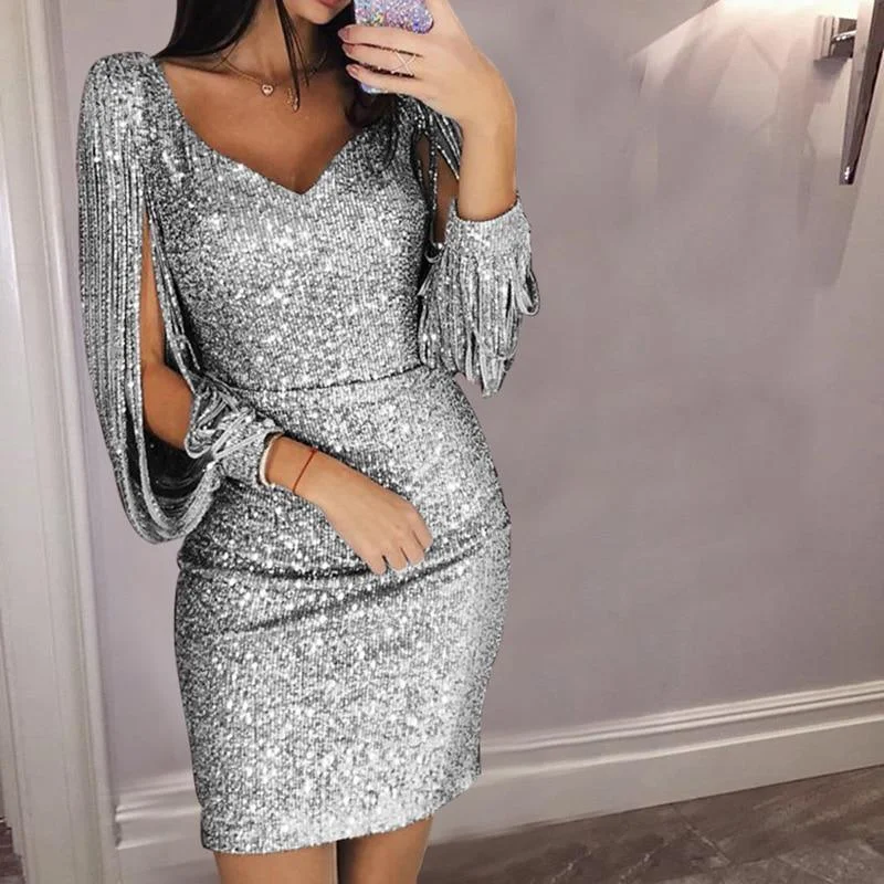 FashionSierra - Tassel lantern sleeve sequin dress Women sexy v neck bodycon dresses Autumn fashion elegant party dress Sequined vestidos mujer